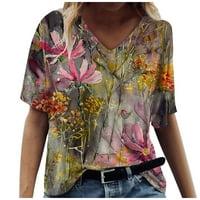 Trendy cvjetna majica Ženska ljetna kratkih rukava Tunički vrhovi V izrez Grafički majica Majica Casual Comfy bluze, Khaki M