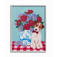 Stupell Industries vaza za cvijeće sa pasom crveno plava slika za kućne ljubimce uokvirena zidna Umjetnost