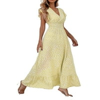 Ženska linija haljine po cijelom printu Shirred V izrez Žuti XL