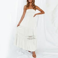 Aayomet boho haljina za žene ženska ljetna boemska traka bez naramenica s čipkom bez leđa Flowy linija plaža duga Maxi haljina,bijela M