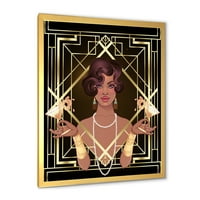 Designart 'Retro Girl In Golden Art Deco Geometrics I' Modern Framed Art Print