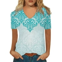 Ženski vrhovi ženski V-izrez kratkih rukava Grafički otisci Dame bluze Labave košulje za žene cijan m
