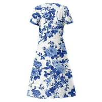 Clearance ljetne haljine za žene kratki rukav A-linije srednje dužine modni odmor štampana haljina s V