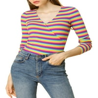 Jedinstvena ponuda ženska prugasta duga sa tankim dugim rukavima pletena šarena majica