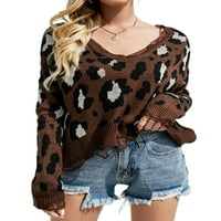 LEAMENTO WOOD Jumper vrhovi Leopard Print pleteni džemperi V izrez Duks ležerne pulover tamna kavana s