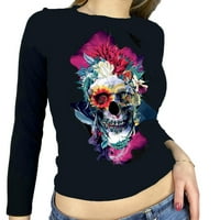 Herdignity žene padaju Crop Tops Skeleton Print Dugi rukav okrugli vrat T-shirt