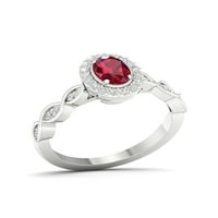 Imperial Gemstone Sterling Srebrni ovalni rez stvorio je rubin i stvorio bijeli safirni halo ženski zaručnički prsten